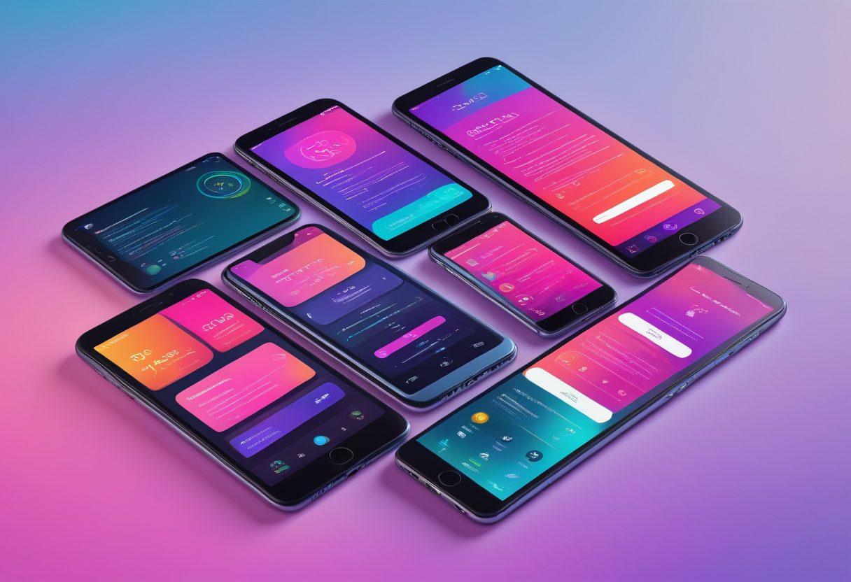 An elegantly designed digital interface combining sleek modern gadgets like smartphones and tablets showcasing vibrant and intuitive UI, with icons and elements transitioning smoothly. The background should feature a gradient color palette that complements the overall theme of innovation and creativity. Include subtle user interaction imagery to highlight UX enhancement. super-realistic. vibrant colors.