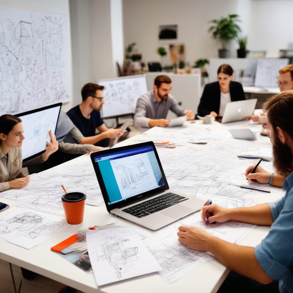 A dynamic and vibrant office space filled with diverse creative professionals brainstorming ideas around a large table filled with sketches, laptops, and coffee cups. The scene captures excitement and teamwork, with web design elements like wireframes and prototypes on screens and whiteboards. Make sure the environment looks modern and sleek with vibrant colors. super-realistic. vibrant colors. white background.